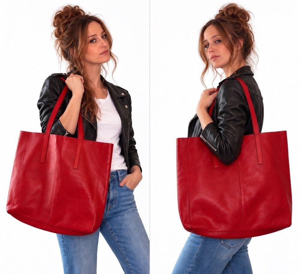 Vintage Lucky Brand Red 100% Leather Large Tote Bag Shoulder Shopper Purse Y2K
